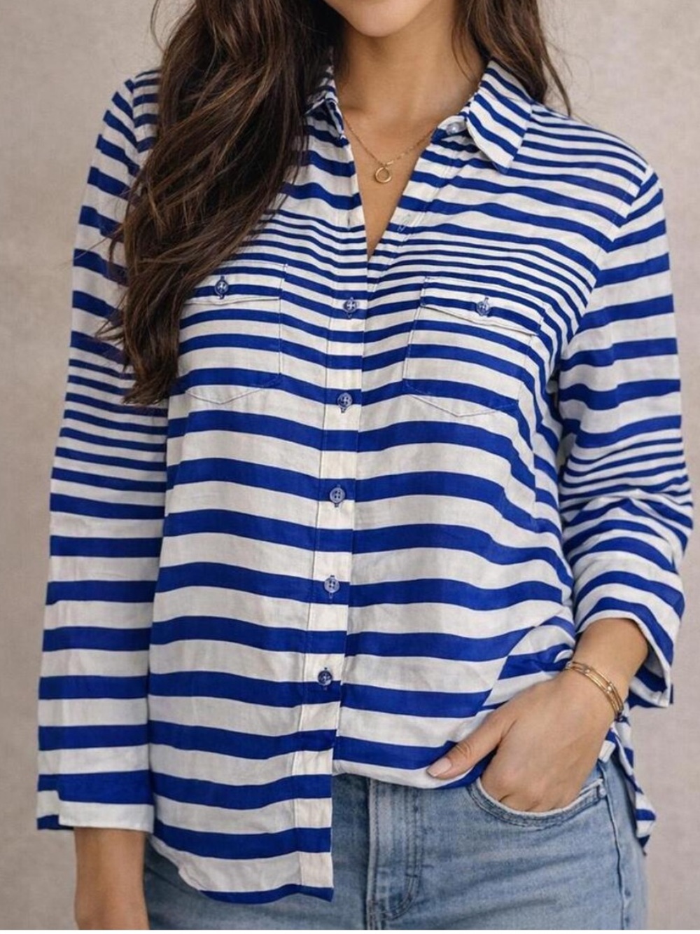 Velvet heart M may fit S Blue and White Striped Button-Up Shirt